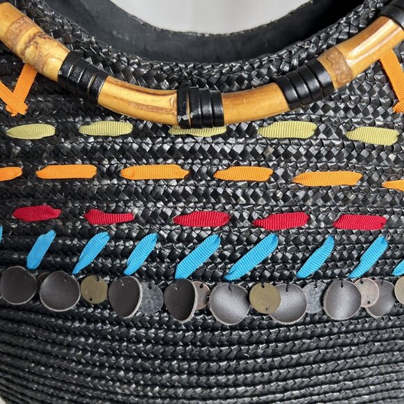 Black Woven Tote With Bamboo Handles & Colorful Embellishments - Picture 5 of 11